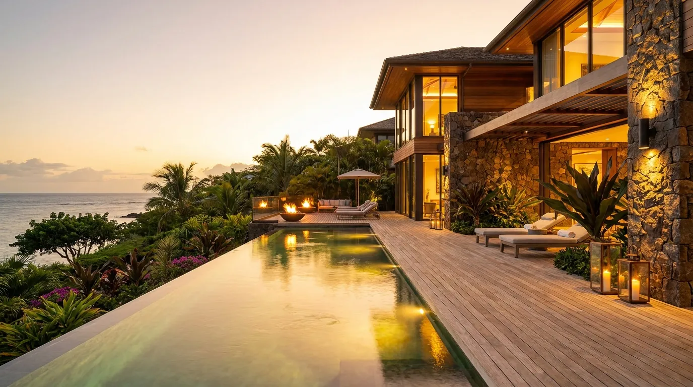 Terraço com piscina de borda infinita.