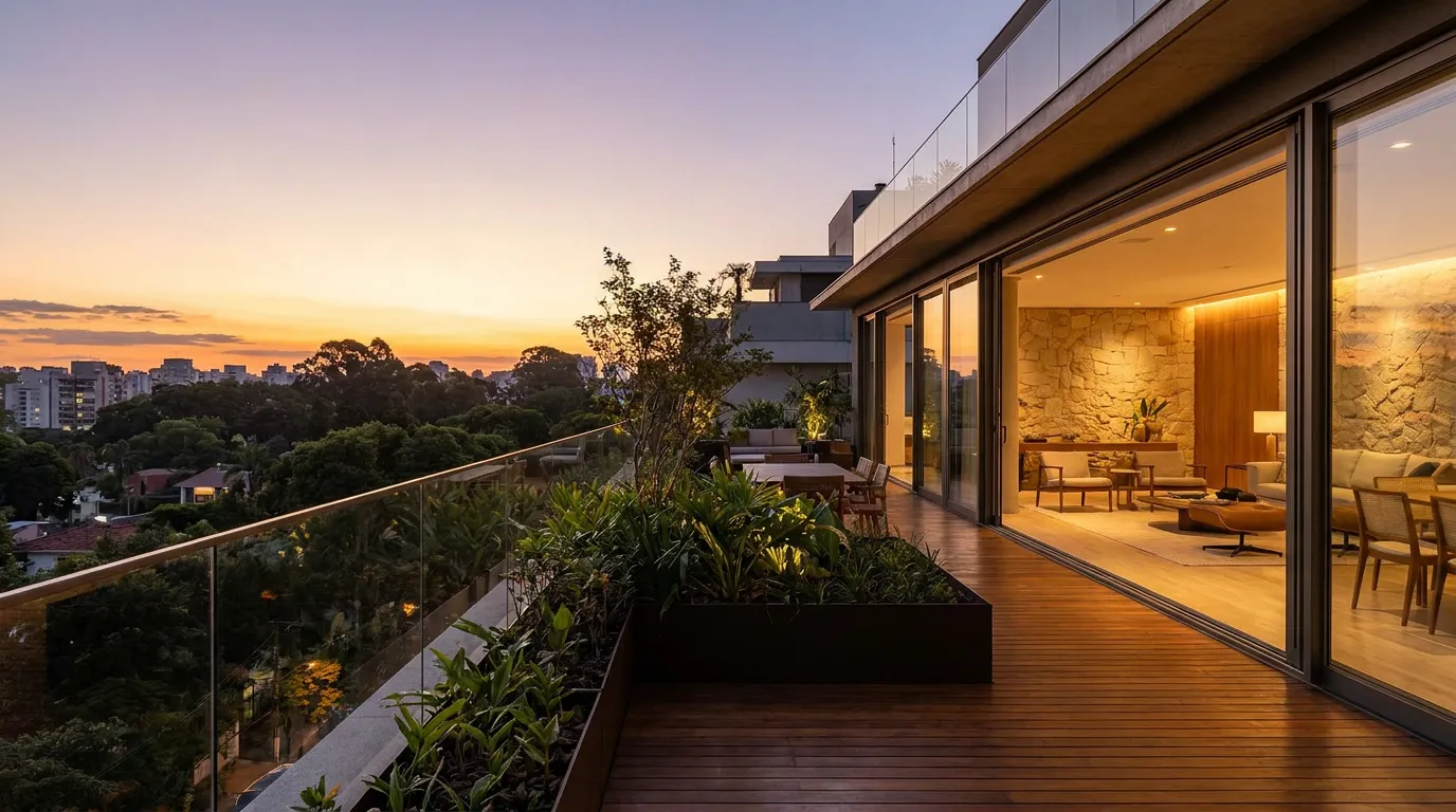 Cobertura com vista panorâmica ao pôr do sol.
